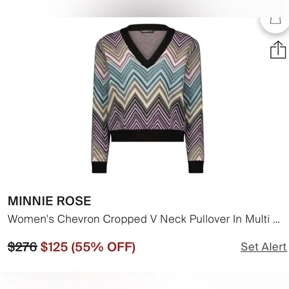 MINNIE ROSE Women's Chevron Cropped V Neck Pullover In Multi combo NEW